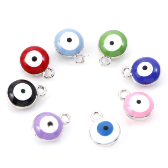 Imagen de Zamak Religión Colgantes Charms Ronda Tono de Plata Multicolor Mal de ojo Esmalte 11mm x 8mm, 20 Unidades