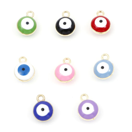 Bild von Zinklegierung Religiös Charms Rund Vergoldet Bunt Böser Blick Evil Eye Emaille 11mm x 8mm, 20 Stück