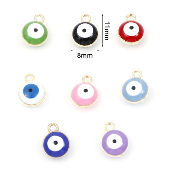 Bild von Zinklegierung Religiös Charms Rund Vergoldet Bunt Böser Blick Evil Eye Emaille 11mm x 8mm, 20 Stück