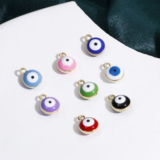 Bild von Zinklegierung Religiös Charms Rund Vergoldet Bunt Böser Blick Evil Eye Emaille 11mm x 8mm, 20 Stück