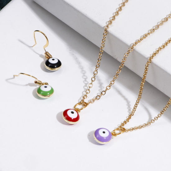 Bild von Zinklegierung Religiös Charms Rund Vergoldet Bunt Böser Blick Evil Eye Emaille 11mm x 8mm, 20 Stück