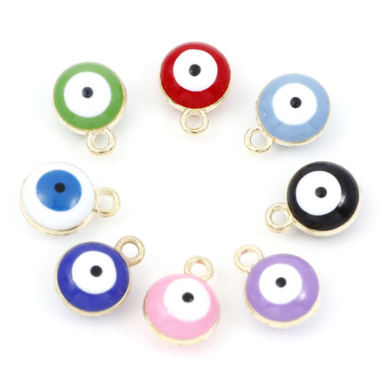 Bild von Zinklegierung Religiös Charms Rund Vergoldet Bunt Böser Blick Evil Eye Emaille 11mm x 8mm, 20 Stück