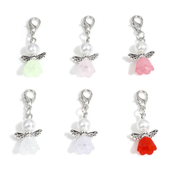 Bild von Zinklegierung & Acryl Charms Anhängerträger für Vintage Armband Engel Antiksilber Bunt Blumen Imitat Perle 3.5cm x 1.4cm, 10 Stück