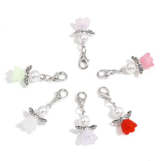 Bild von Zinklegierung & Acryl Charms Anhängerträger für Vintage Armband Engel Antiksilber Bunt Blumen Imitat Perle 3.5cm x 1.4cm, 10 Stück