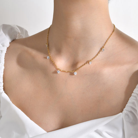 Picture of Eco-friendly Exquisite Stylish 18K Real Gold Plated 304 Stainless Steel & Cubic Zirconia Link Cable Chain Irregular Pendant Necklace For Women