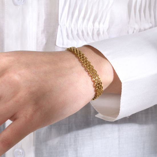 Immagine di Ecologico Semplice & Casual Elegante 18K Vero Oro Placcato 304 Acciaio Inossidabile Catenella Catena Tessuto Strutturato Braccialetti Unisex Festa 1 Pz