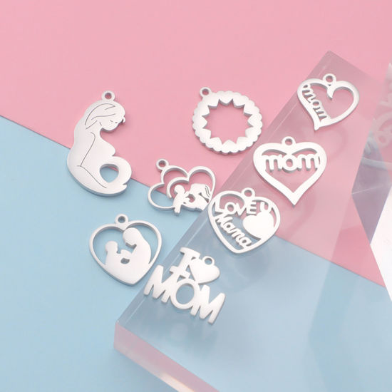 Изображение 304 Нержавеющая Сталь День матери Подвески Сердце Серебряный Тон 1 ШТ