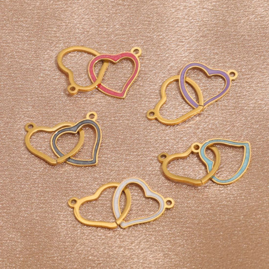 Imagen de 304 Acero Inoxidable Conectores Chapado en Oro Multicolor Corazón Esmalte 26mm x 14mm, 1 Unidad