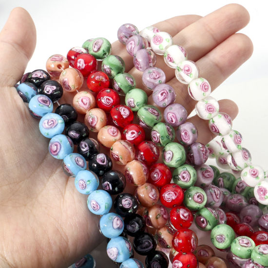 Picture of Lampwork Glass Beads Round Multicolor Flower Leaves About 10mm Dia