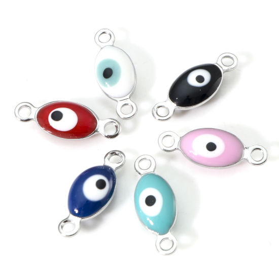 Imagen de 304 Acero Inoxidable Religión Conectores Oliva Tono de Plata Multicolor Mal de ojo Esmalte de Doble Cara 15.5mm x 6mm, 10 Unidades