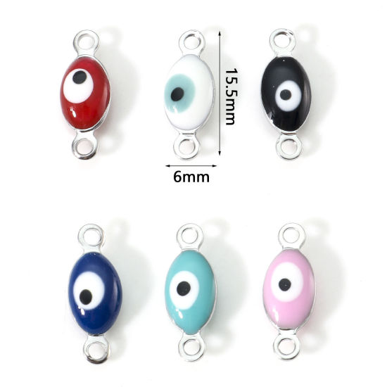 Imagen de 304 Acero Inoxidable Religión Conectores Oliva Tono de Plata Multicolor Mal de ojo Esmalte de Doble Cara 15.5mm x 6mm, 10 Unidades