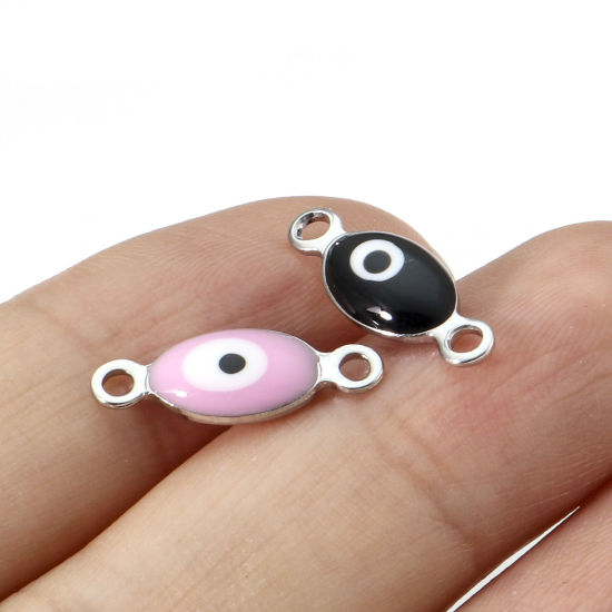 Imagen de 304 Acero Inoxidable Religión Conectores Oliva Tono de Plata Multicolor Mal de ojo Esmalte de Doble Cara 15.5mm x 6mm, 10 Unidades
