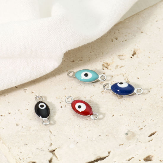 Imagen de 304 Acero Inoxidable Religión Conectores Oliva Tono de Plata Multicolor Mal de ojo Esmalte de Doble Cara 15.5mm x 6mm, 10 Unidades