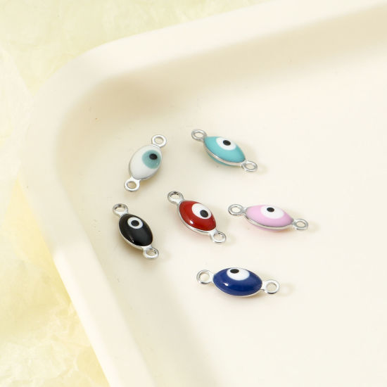Imagen de 304 Acero Inoxidable Religión Conectores Oliva Tono de Plata Multicolor Mal de ojo Esmalte de Doble Cara 15.5mm x 6mm, 10 Unidades