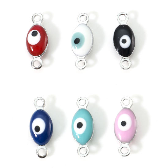 Imagen de 304 Acero Inoxidable Religión Conectores Oliva Tono de Plata Multicolor Mal de ojo Esmalte de Doble Cara 15.5mm x 6mm, 10 Unidades