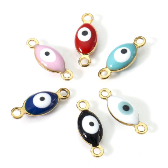 Imagen de 10 Unidades Enchapado al Vacío 304 Acero Inoxidable Religión Conectores Dijes Colgantes Oliva Chapado en Oro Multicolor Mal de ojo Esmalte de Doble Cara 15.5mm x 6mm