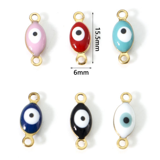 Imagen de 10 Unidades Enchapado al Vacío 304 Acero Inoxidable Religión Conectores Dijes Colgantes Oliva Chapado en Oro Multicolor Mal de ojo Esmalte de Doble Cara 15.5mm x 6mm