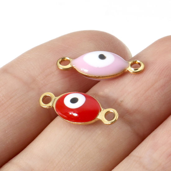 Imagen de 10 Unidades Enchapado al Vacío 304 Acero Inoxidable Religión Conectores Dijes Colgantes Oliva Chapado en Oro Multicolor Mal de ojo Esmalte de Doble Cara 15.5mm x 6mm