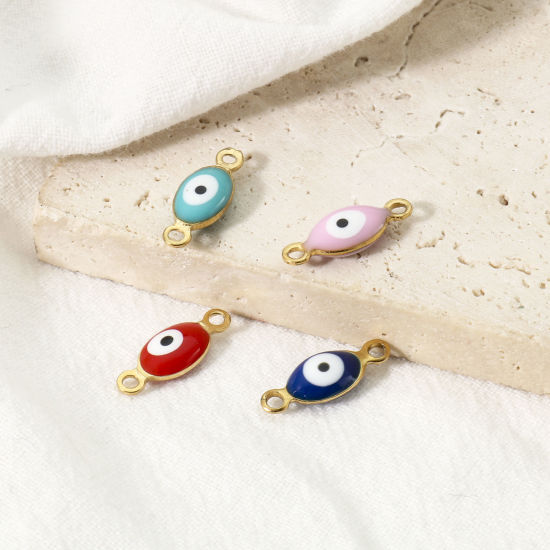 Imagen de 10 Unidades Enchapado al Vacío 304 Acero Inoxidable Religión Conectores Dijes Colgantes Oliva Chapado en Oro Multicolor Mal de ojo Esmalte de Doble Cara 15.5mm x 6mm