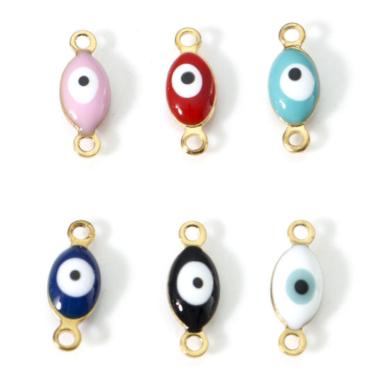 Imagen de 10 Unidades Enchapado al Vacío 304 Acero Inoxidable Religión Conectores Dijes Colgantes Oliva Chapado en Oro Multicolor Mal de ojo Esmalte de Doble Cara 15.5mm x 6mm