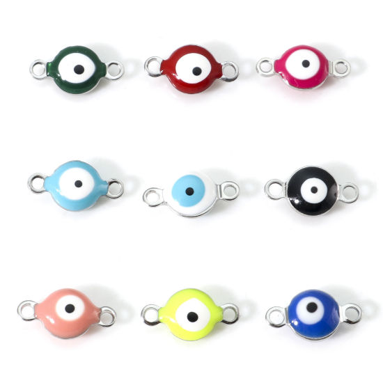 Imagen de 304 Acero Inoxidable Religión Conectores Ronda Tono de Plata Multicolor Mal de ojo Esmalte de Doble Cara 11mm x 6mm, 10 Unidades