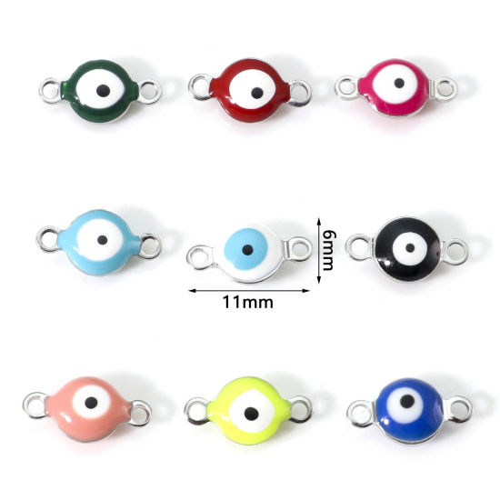 Imagen de 304 Acero Inoxidable Religión Conectores Ronda Tono de Plata Multicolor Mal de ojo Esmalte de Doble Cara 11mm x 6mm, 10 Unidades