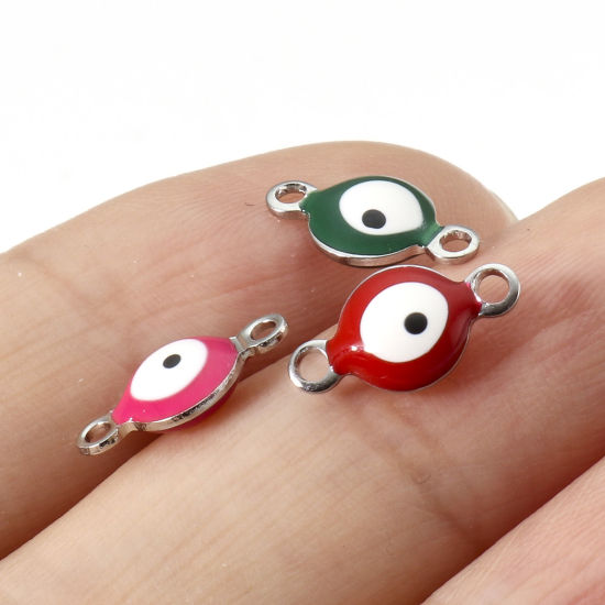 Imagen de 304 Acero Inoxidable Religión Conectores Ronda Tono de Plata Multicolor Mal de ojo Esmalte de Doble Cara 11mm x 6mm, 10 Unidades