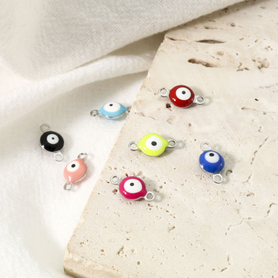 Imagen de 304 Acero Inoxidable Religión Conectores Ronda Tono de Plata Multicolor Mal de ojo Esmalte de Doble Cara 11mm x 6mm, 10 Unidades