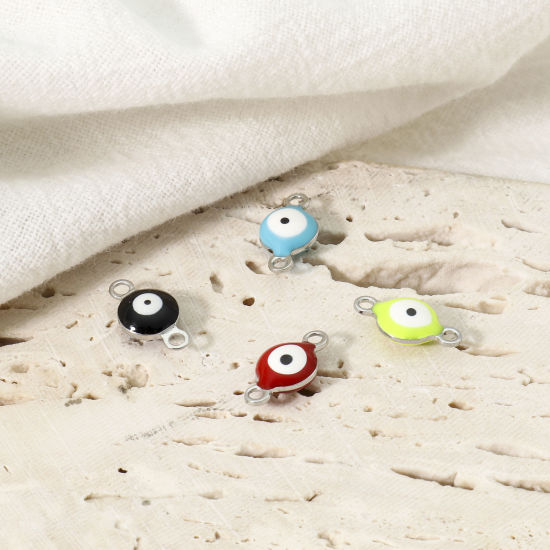 Imagen de 304 Acero Inoxidable Religión Conectores Ronda Tono de Plata Multicolor Mal de ojo Esmalte de Doble Cara 11mm x 6mm, 10 Unidades