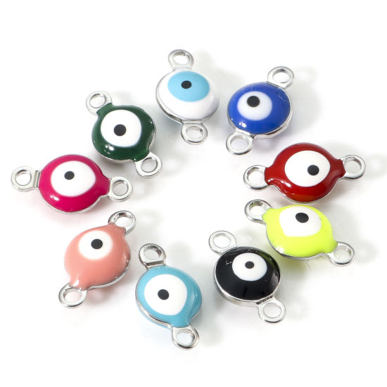 Imagen de 304 Acero Inoxidable Religión Conectores Ronda Tono de Plata Multicolor Mal de ojo Esmalte de Doble Cara 11mm x 6mm, 10 Unidades