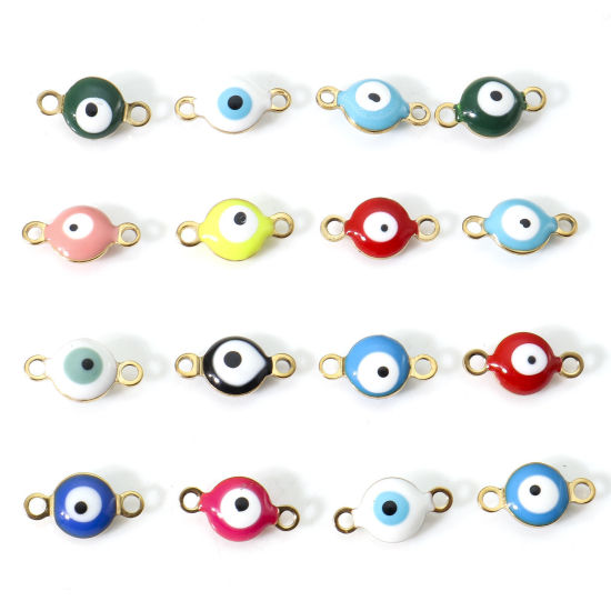 Immagine di 10 Pz Placcatura Sottovuoto 304 Acciaio Inossidabile Religione Pendenti Charms Connettori Tondo Oro Placcato Multicolore Malocchio Smalto a Doppia Faccia 11mm x 6mm