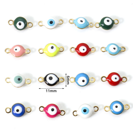 Immagine di 10 Pz Placcatura Sottovuoto 304 Acciaio Inossidabile Religione Pendenti Charms Connettori Tondo Oro Placcato Multicolore Malocchio Smalto a Doppia Faccia 11mm x 6mm