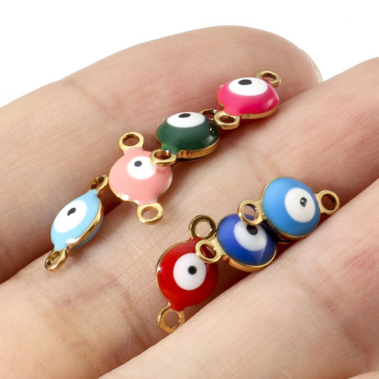 Immagine di 10 Pz Placcatura Sottovuoto 304 Acciaio Inossidabile Religione Pendenti Charms Connettori Tondo Oro Placcato Multicolore Malocchio Smalto a Doppia Faccia 11mm x 6mm