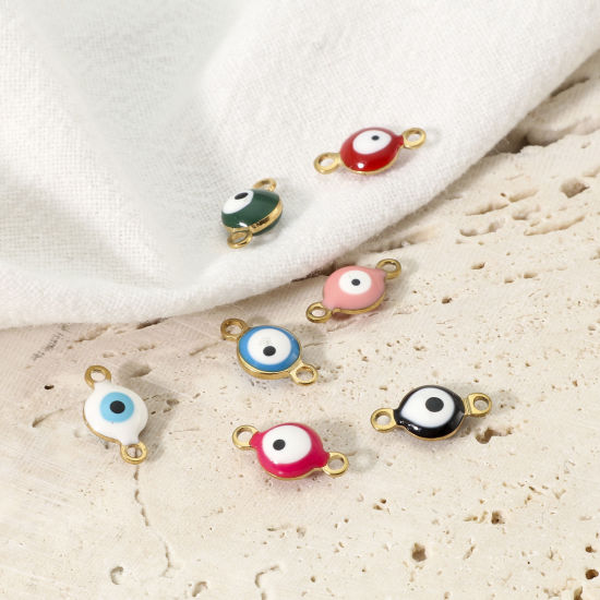 Immagine di 10 Pz Placcatura Sottovuoto 304 Acciaio Inossidabile Religione Pendenti Charms Connettori Tondo Oro Placcato Multicolore Malocchio Smalto a Doppia Faccia 11mm x 6mm