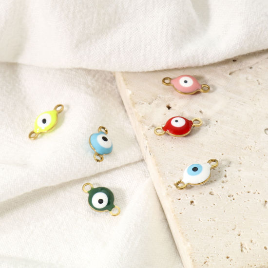 Immagine di 10 Pz Placcatura Sottovuoto 304 Acciaio Inossidabile Religione Pendenti Charms Connettori Tondo Oro Placcato Multicolore Malocchio Smalto a Doppia Faccia 11mm x 6mm