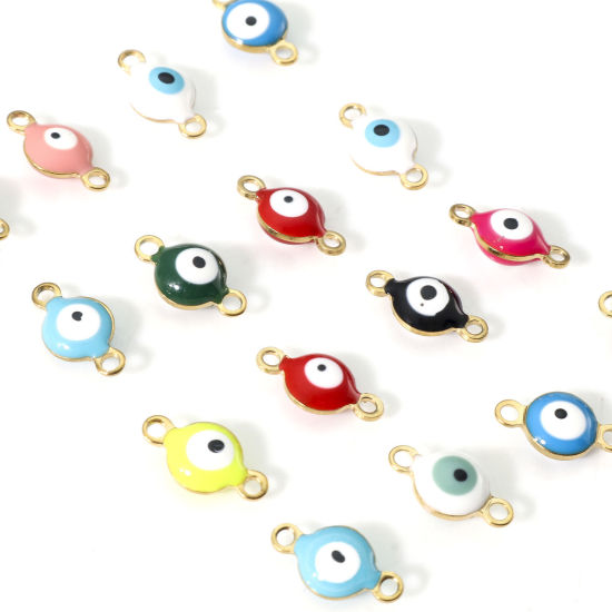 Immagine di 10 Pz Placcatura Sottovuoto 304 Acciaio Inossidabile Religione Pendenti Charms Connettori Tondo Oro Placcato Multicolore Malocchio Smalto a Doppia Faccia 11mm x 6mm