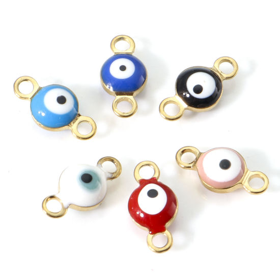 Picture of 10 PCs Vacuum Plating 304 Stainless Steel Religious Connectors Charms Pendants Gold Plated Multicolor Round Evil Eye Double-sided Enamel 9cm x 4.5cm