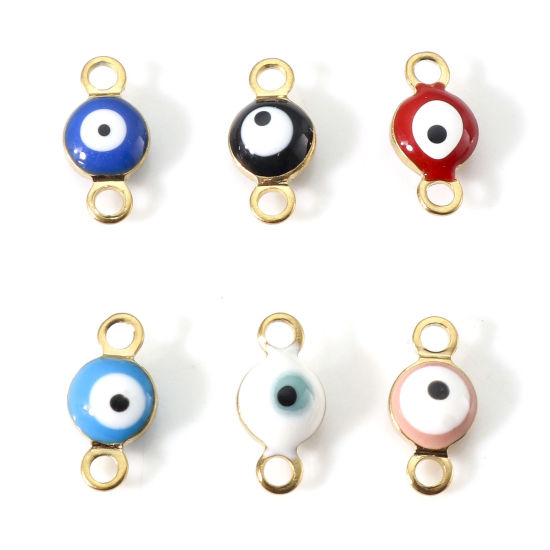 Picture of 10 PCs Vacuum Plating 304 Stainless Steel Religious Connectors Charms Pendants Gold Plated Multicolor Round Evil Eye Double-sided Enamel 9cm x 4.5cm