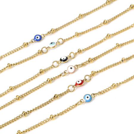 1 Unidad Enchapado al Vacío 304 Acero Inoxidable Religión Link Curb Chain Tobilleras Chapado en Oro Multicolor Esmalte de Doble Cara Ronda Mal de ojo 21.5cm longitud