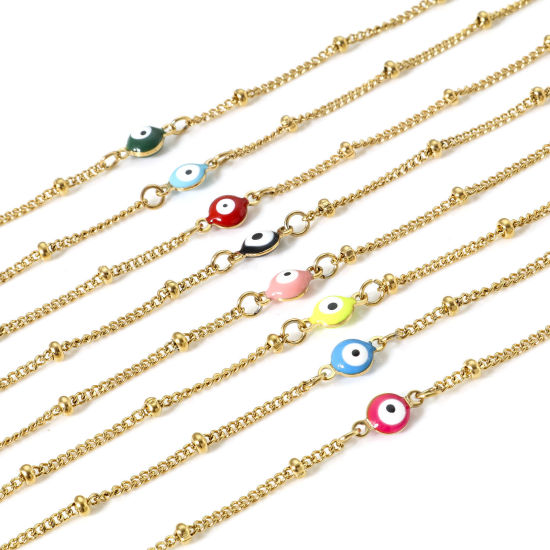Picture of 1 Piece Vacuum Plating 304 Stainless Steel Religious Curb Link Chain Anklet Gold Plated Multicolor Double-sided Enamel Round Evil Eye 21.5cm(8 4/8") long