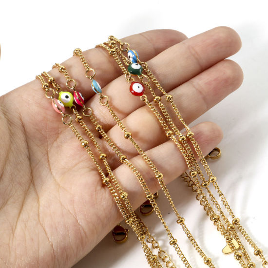 Picture of 1 Piece Vacuum Plating 304 Stainless Steel Religious Curb Link Chain Anklet Gold Plated Multicolor Double-sided Enamel Round Evil Eye 21.5cm(8 4/8") long