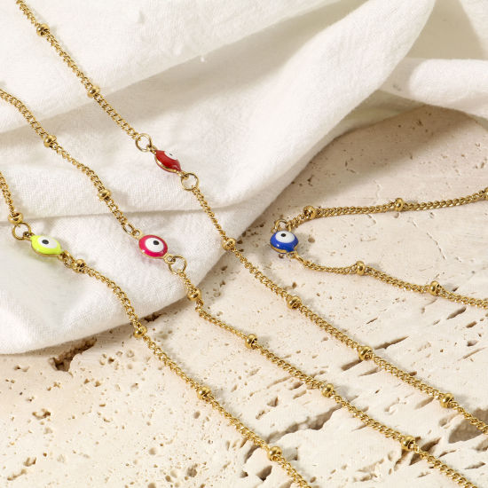 Picture of 1 Piece Vacuum Plating 304 Stainless Steel Religious Curb Link Chain Anklet Gold Plated Multicolor Double-sided Enamel Round Evil Eye 21.5cm(8 4/8") long