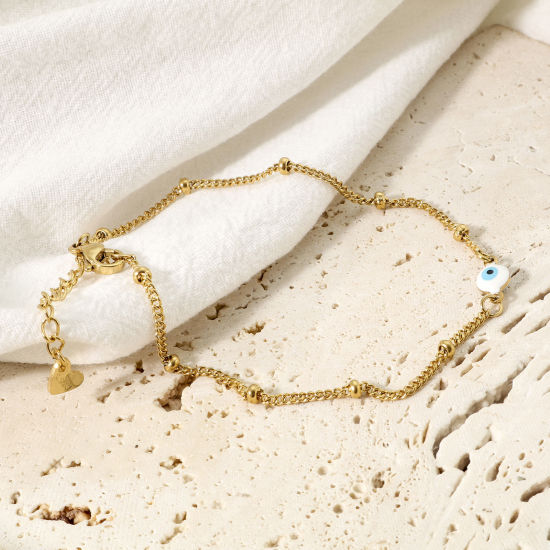 Picture of 1 Piece Vacuum Plating 304 Stainless Steel Religious Curb Link Chain Anklet Gold Plated Multicolor Double-sided Enamel Round Evil Eye 21.5cm(8 4/8") long