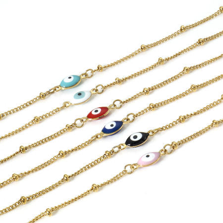 1 Unidad Enchapado al Vacío 304 Acero Inoxidable Religión Link Curb Chain Tobilleras Chapado en Oro Multicolor Esmalte de Doble Cara Oliva Mal de ojo 22cm longitud