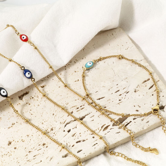 Bild von 1 Strang Vakuumbeschichtung 304 Edelstahl Religiös Panzerkette Kette Fußketten Vergoldet Bunt Doppelseitige Emaille Marquise Böser Blick Evil Eye 22cm lang