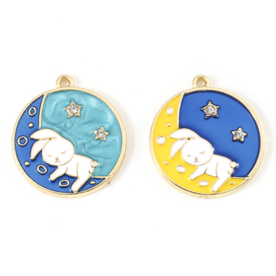 Imagen de Zamak día de Pascua Colgantes Charms Ronda Chapado en Oro Multicolor Conejo Transparente Rhinestone Esmalte 25mm x 22mm, 10 Unidades
