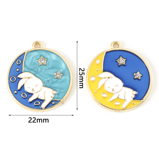 Imagen de Zamak día de Pascua Colgantes Charms Ronda Chapado en Oro Multicolor Conejo Transparente Rhinestone Esmalte 25mm x 22mm, 10 Unidades