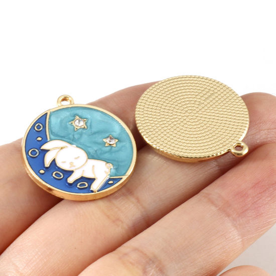 Imagen de Zamak día de Pascua Colgantes Charms Ronda Chapado en Oro Multicolor Conejo Transparente Rhinestone Esmalte 25mm x 22mm, 10 Unidades