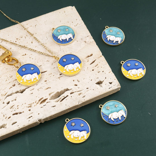 Imagen de Zamak día de Pascua Colgantes Charms Ronda Chapado en Oro Multicolor Conejo Transparente Rhinestone Esmalte 25mm x 22mm, 10 Unidades