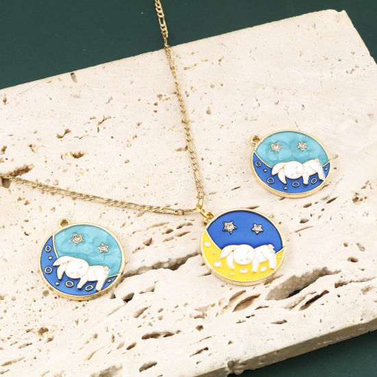 Imagen de Zamak día de Pascua Colgantes Charms Ronda Chapado en Oro Multicolor Conejo Transparente Rhinestone Esmalte 25mm x 22mm, 10 Unidades